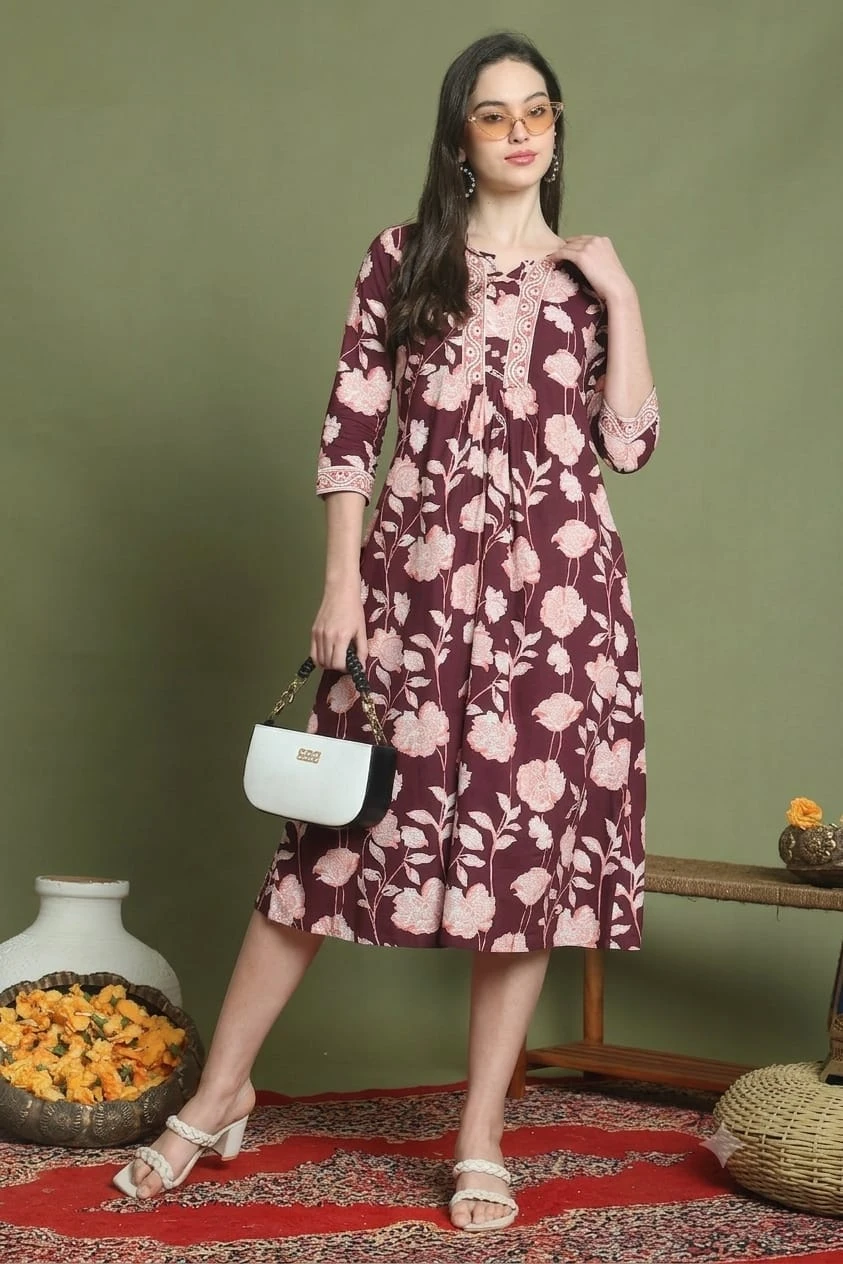 Maroon Floral Printed Cotton Flared Tunic Dress